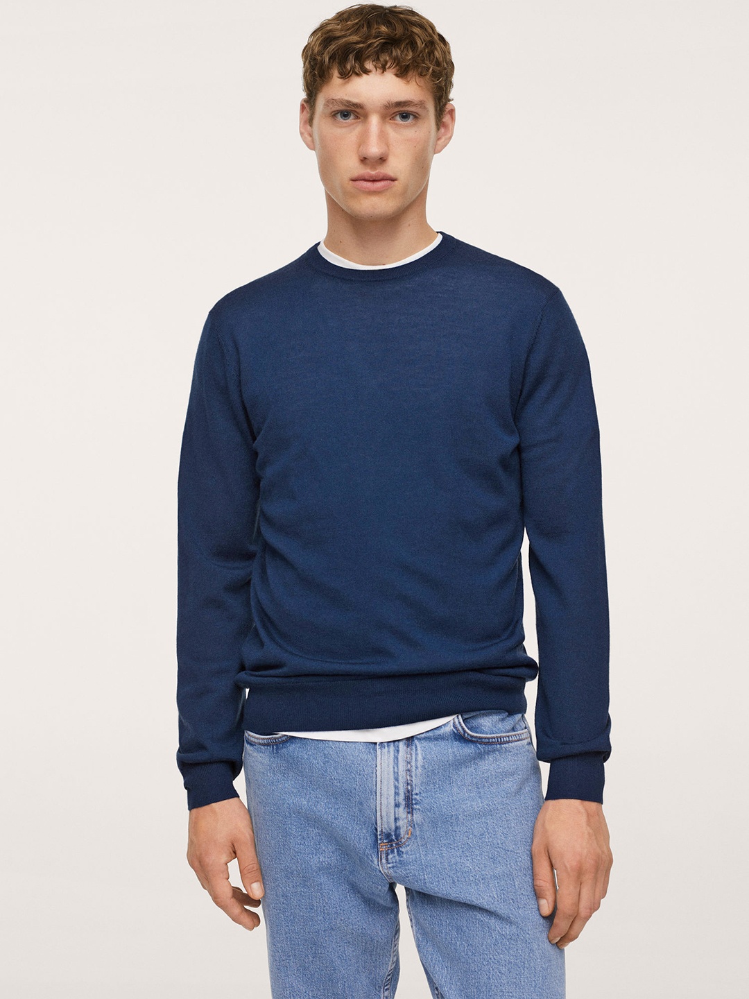 

MANGO MAN Navy Blue Solid Pullover