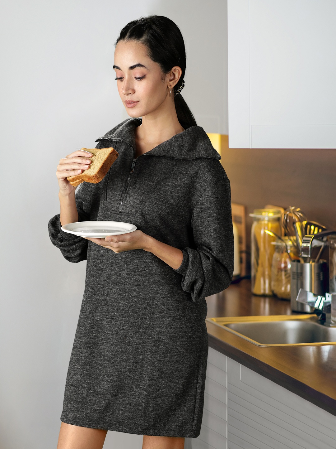 

MANGO Women Charcoal Solid Jumper Dress