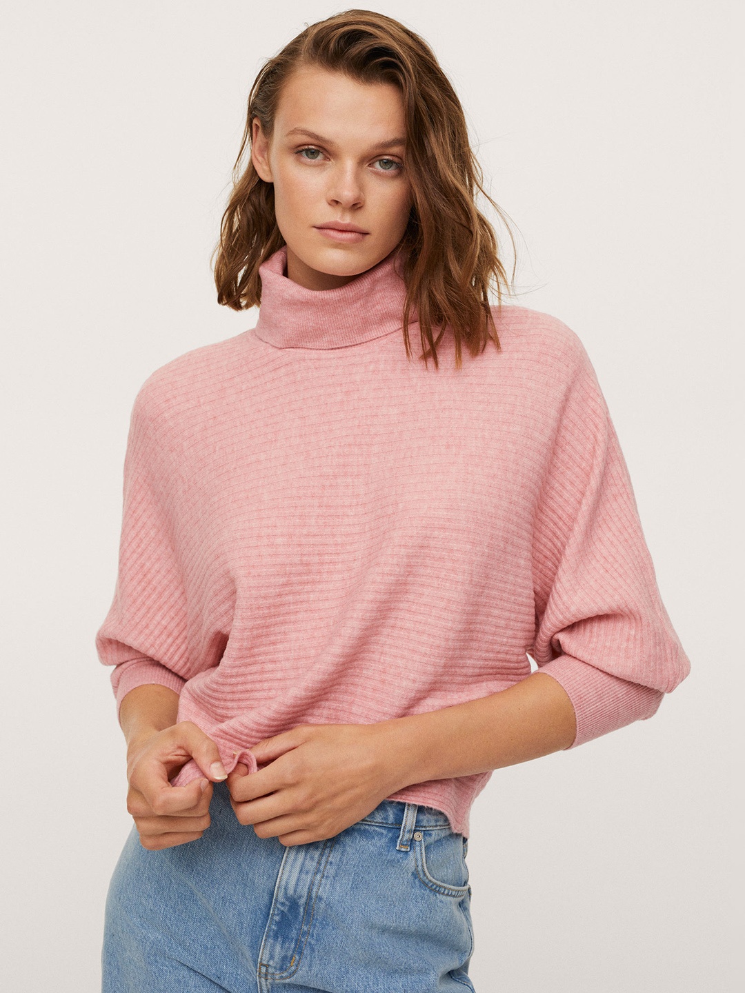 

MANGO Women Pink Self-Striped Pullover