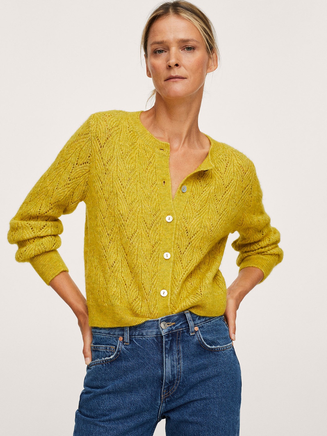 

MANGO Women Mustard Open Knit Cardigan Sweater