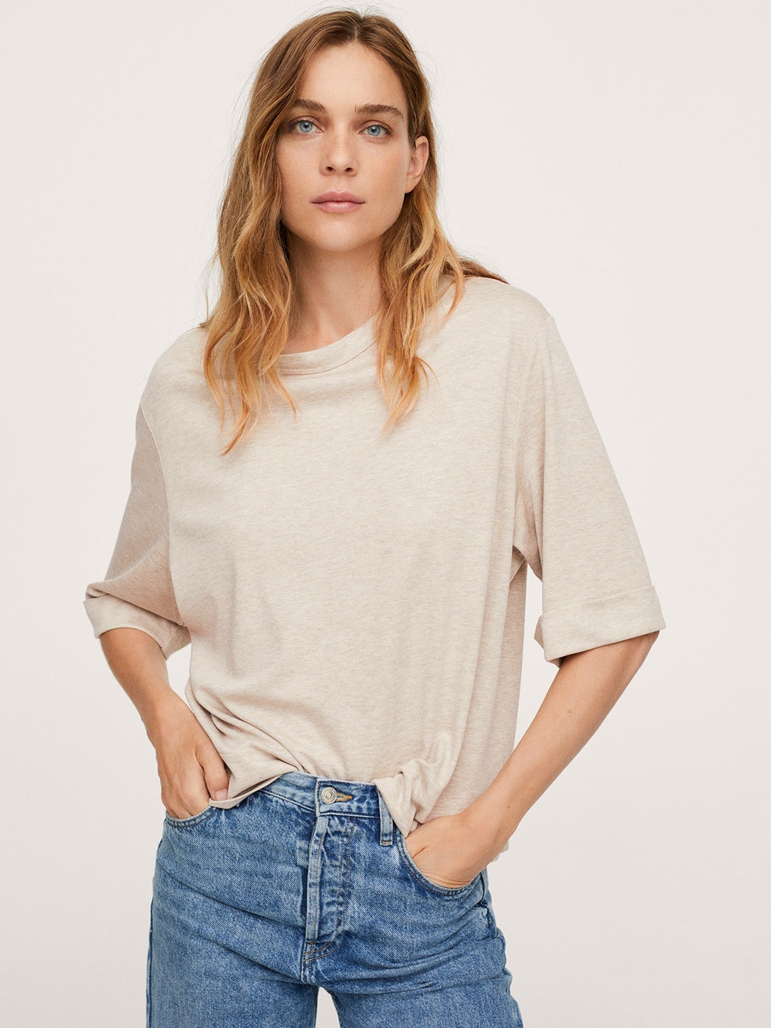 

MANGO Beige Solid Drop-Shoulder T-shirt