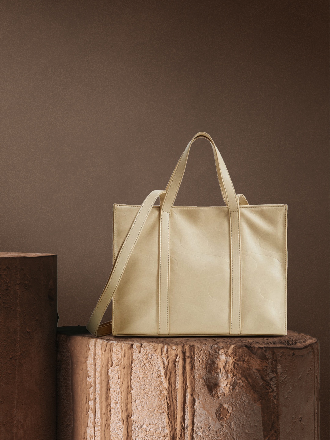

MANGO Beige Textured Structured Handheld Bag
