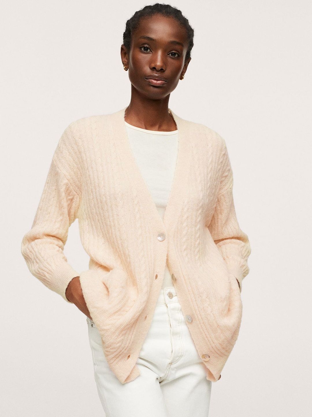 

MANGO Women Cream-Coloured Cable Knit Cardigan