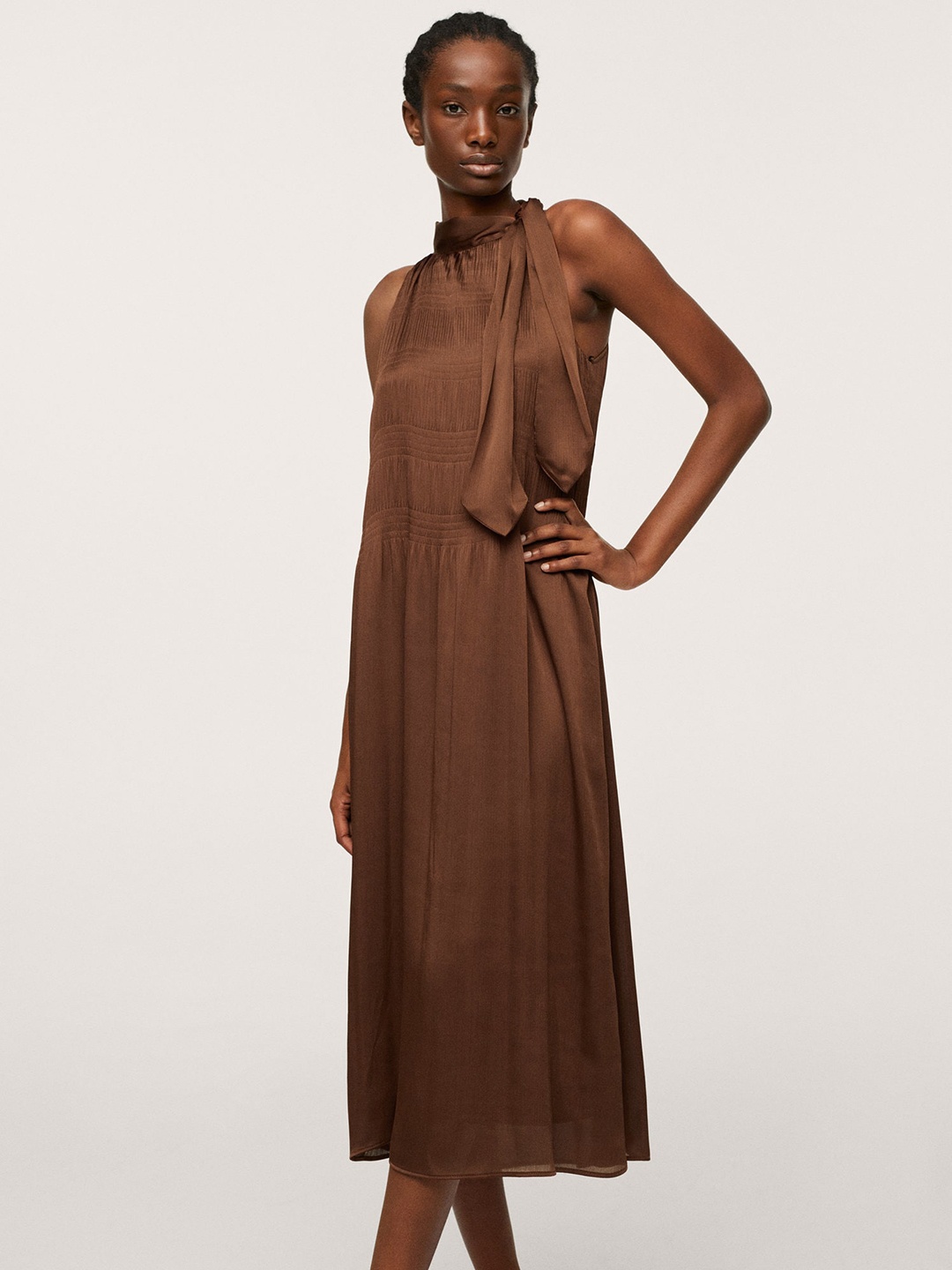 

MANGO Women Brown A-Line Tie-Up Neck Midi Dress
