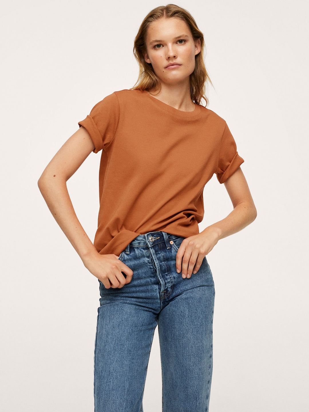 

MANGO Women Rust Brown Solid Pure Cotton T-shirt