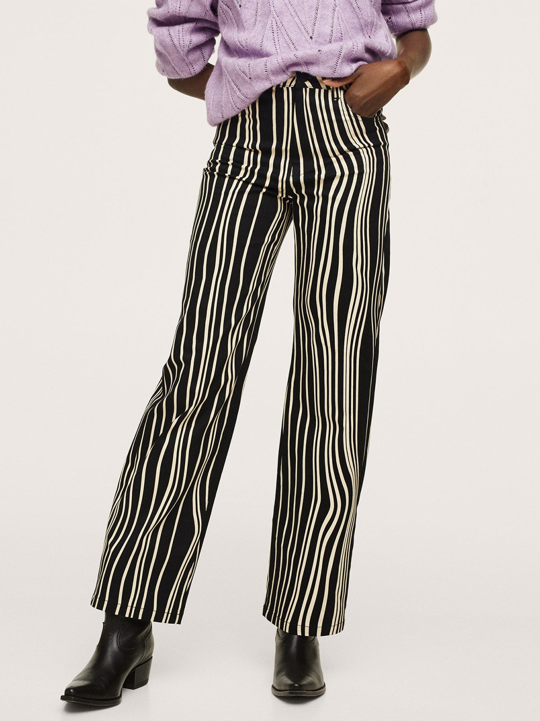 

MANGO Women Black And White Striped Straight Fit Bootcut Trousers