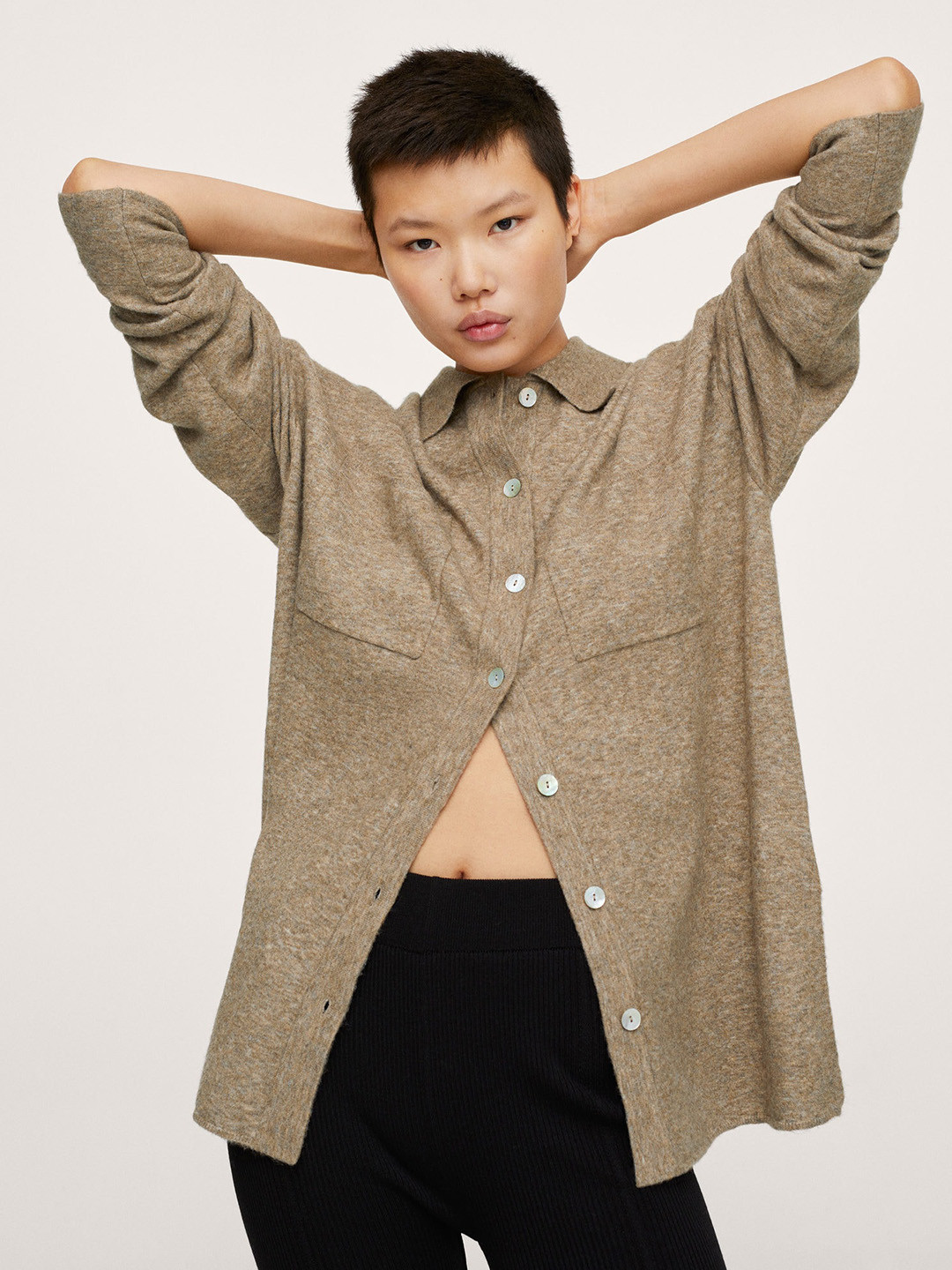 

MANGO Women Brown Solid Shirt Style Cardigan With Melange Effect