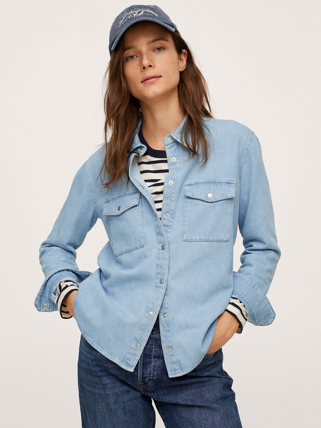 

MANGO Women Blue Pure Cotton Solid Denim Shirt