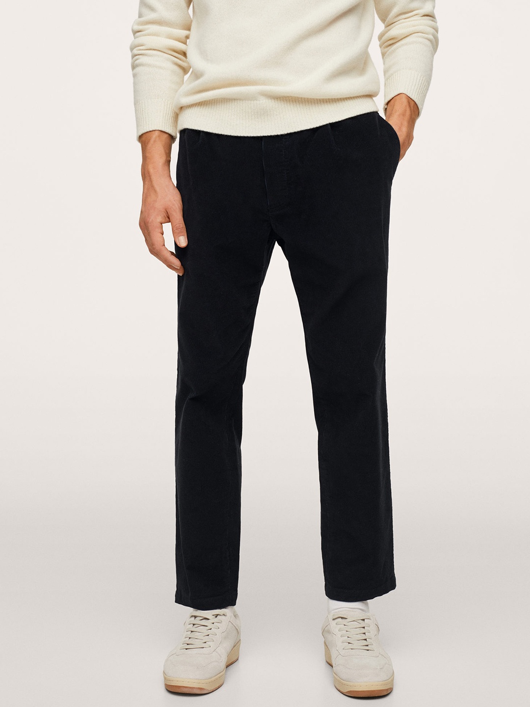 

MANGO MAN Navy Blue Pleated Coudroy Joggers Trouser