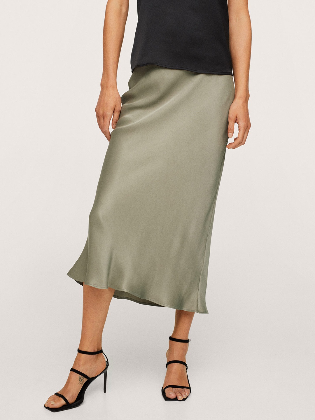 

MANGO Women Olive Green Solid Satin Finish Midi Trumpet Skirt