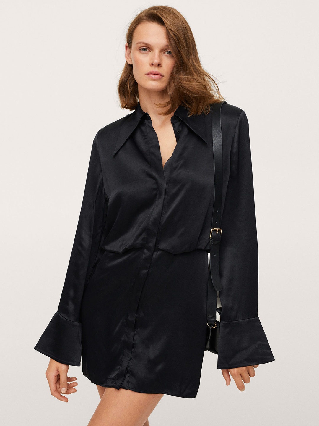 

MANGO Black Satin Finish Shirt Mini Dress