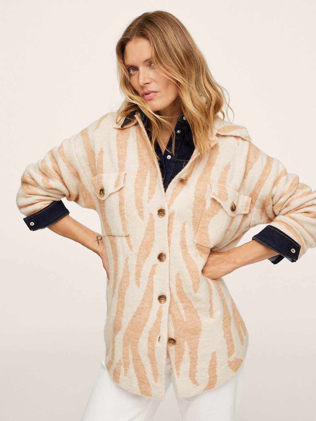 

MANGO Women Beige Printed Shirt Style Cardigan