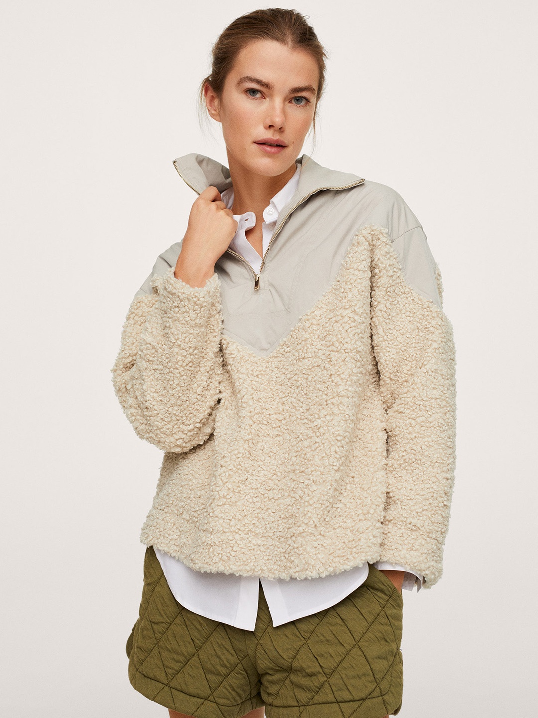 

MANGO Women Beige Faur Fur Trim Sweatshirt