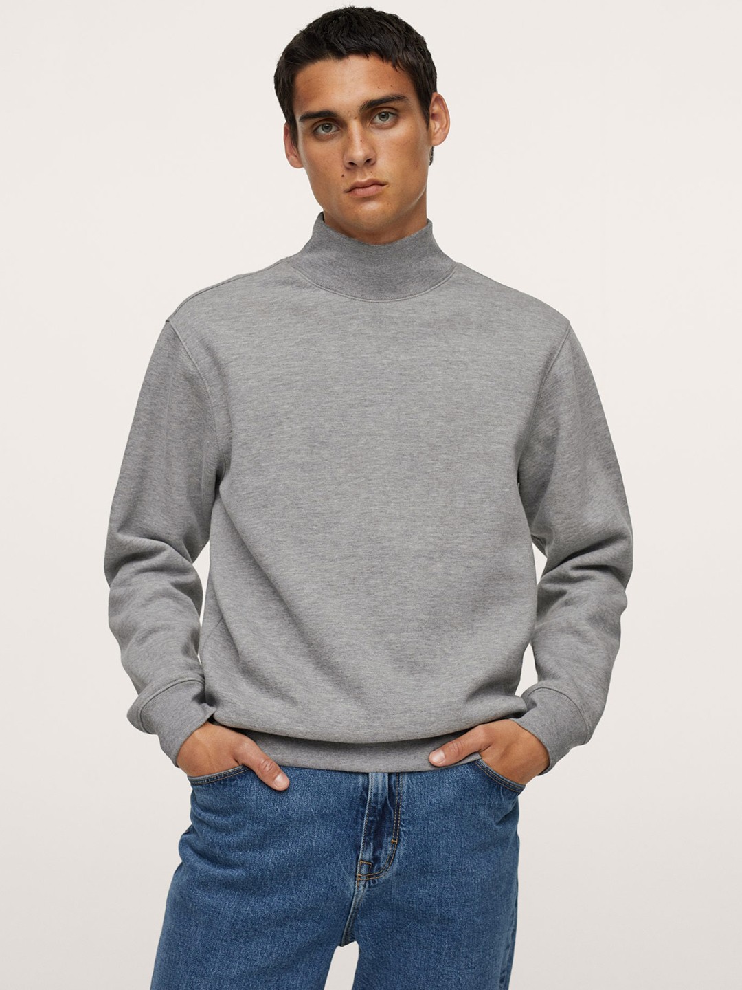 

MANGO MAN Grey Melange Solid Sweatshirt