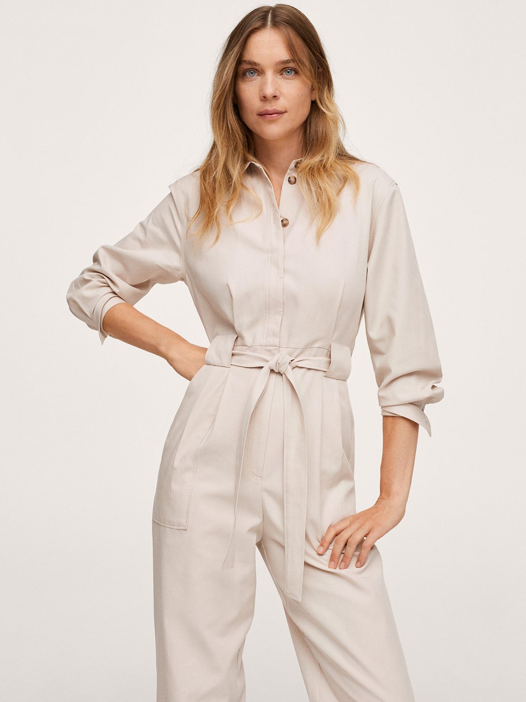 

MANGO Beige Basic Jumpsuit with Belt