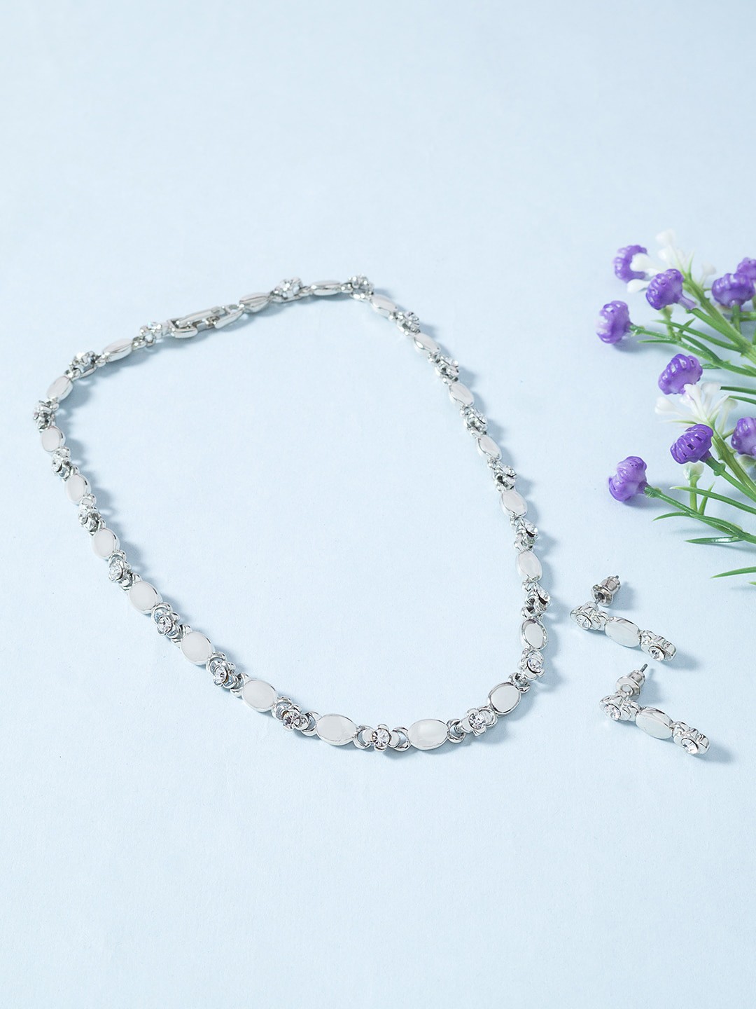 

Golden Peacock Silver-Toned White Stone-Studded Jewellery Set