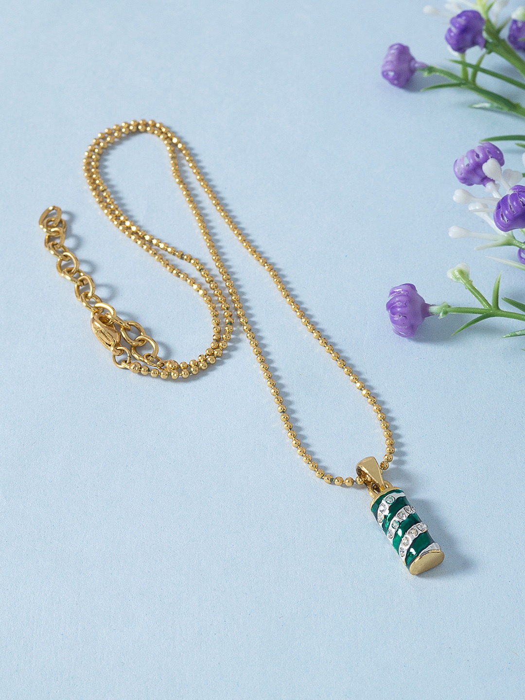 

Golden Peacock Women Gold-Toned Gold-Plated Chain with Green Pendant