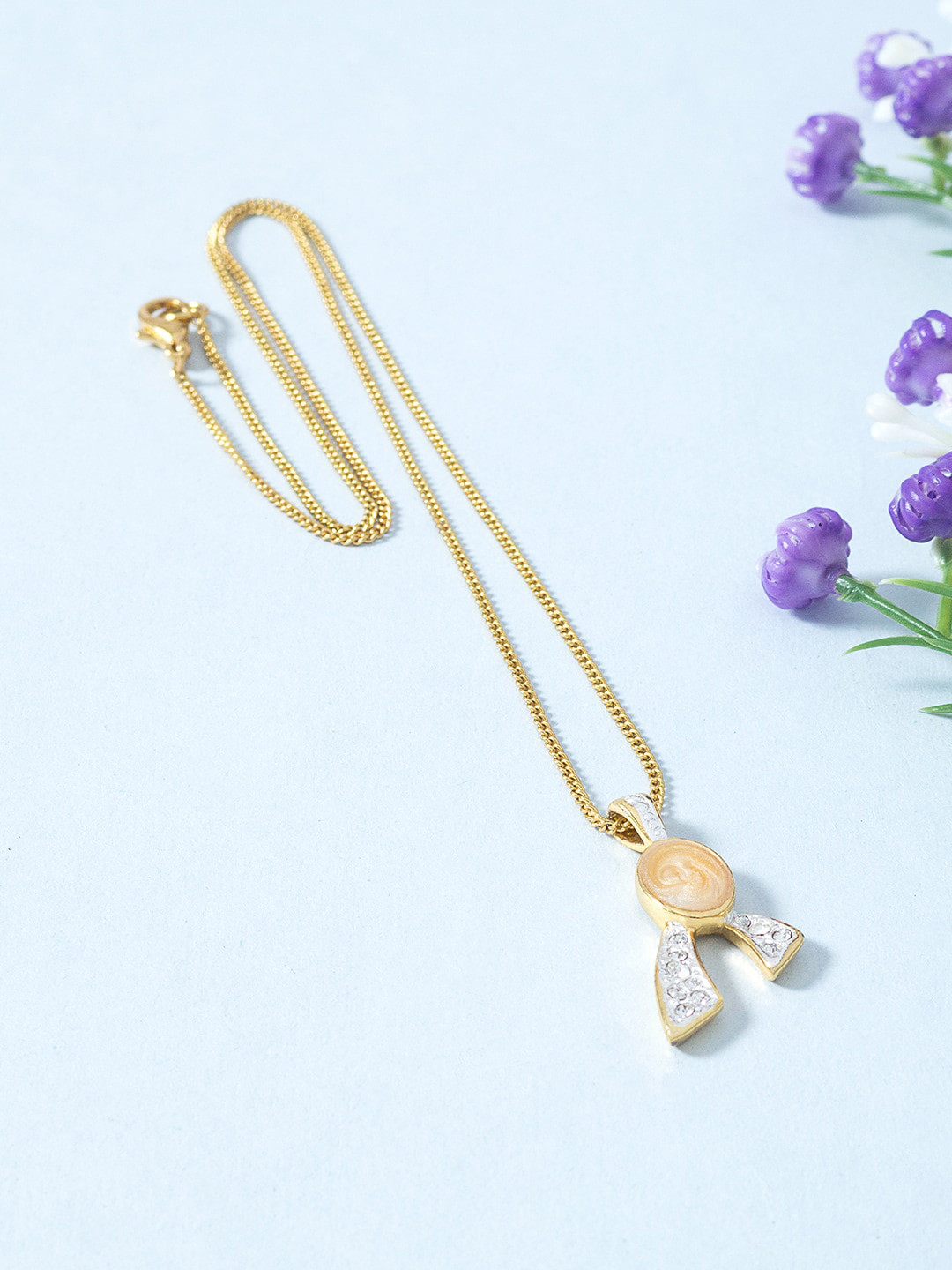 

Golden Peacock Gold-Toned White Stone-Studded Pendant With Chain