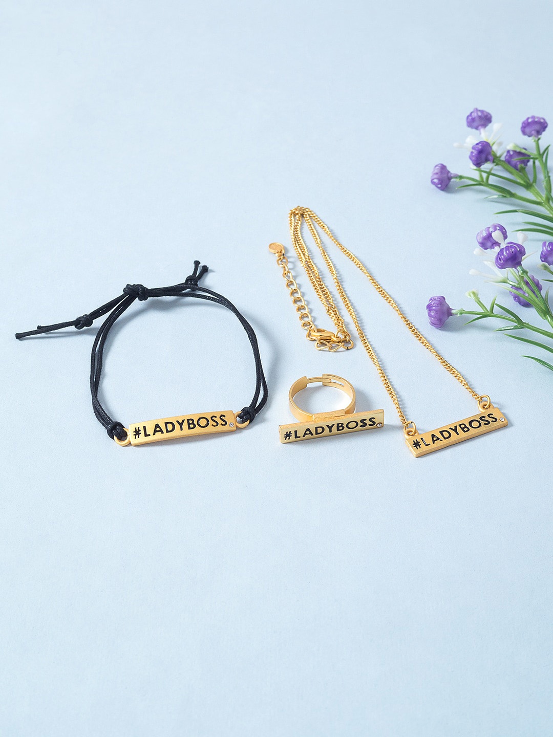 

Golden Peacock Gold-Toned & Black Typography Jewellery Set