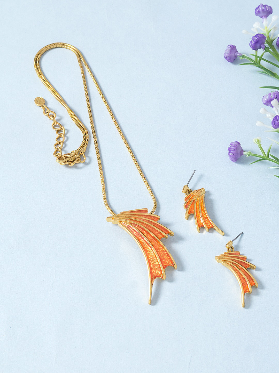 

Golden Peacock Gold-Toned & Orange Stone-Studded Jewellery Set