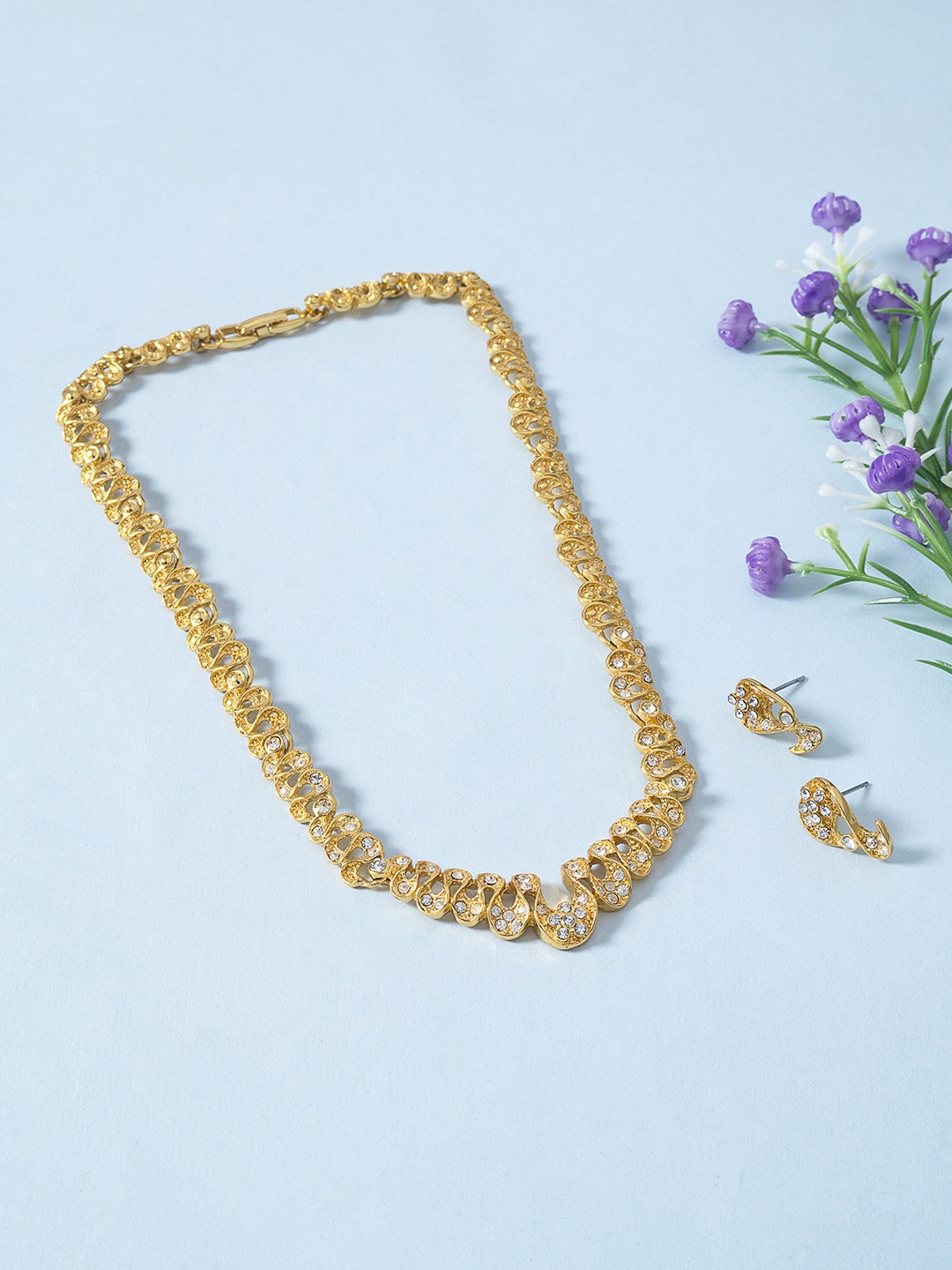 

Golden Peacock Gold-Toned & White Stone-Studded Jewellery Set