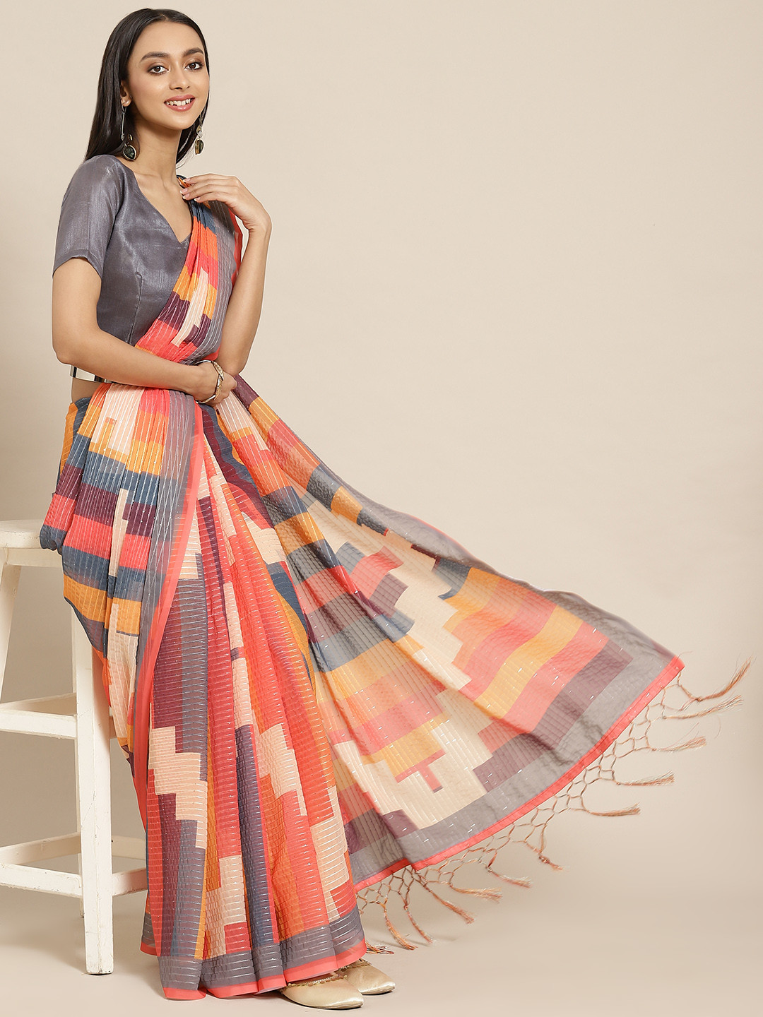 

Mitera Peach-Coloured & Grey Sequinned Saree