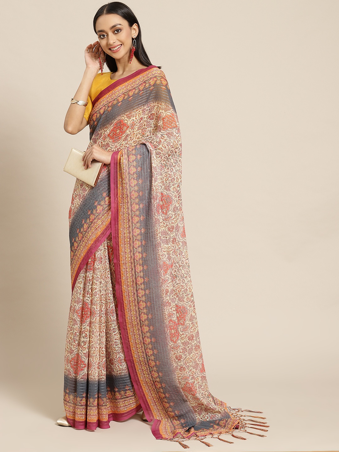 

Mitera Grey & Yellow Ethnic Motifs Saree