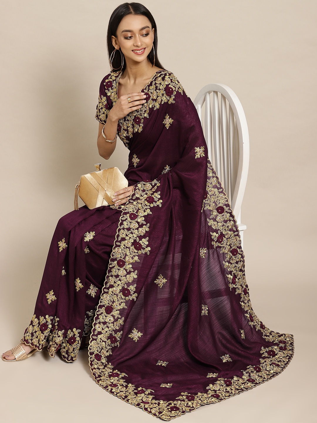

Mitera Purple Floral Beads and Stones Heavy Work Maheshwari Saree