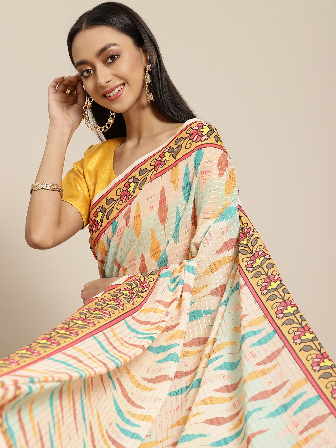 

Mitera Cream-Coloured & Blue Printed Saree