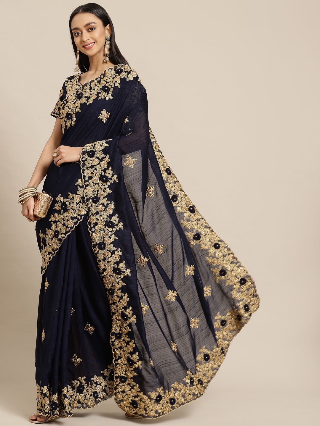 

Mitera Navy Blue Floral Beads and Stones Heavy Work Maheshwari Saree