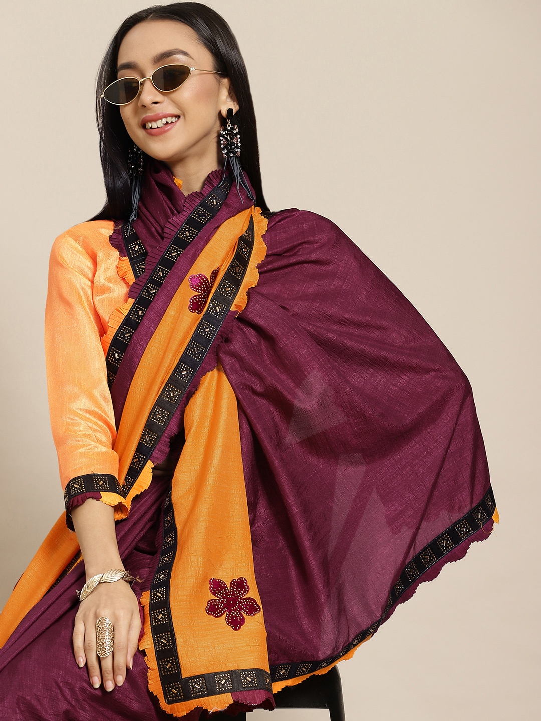 

Mitera Maroon & Yellow Half and Half Saree