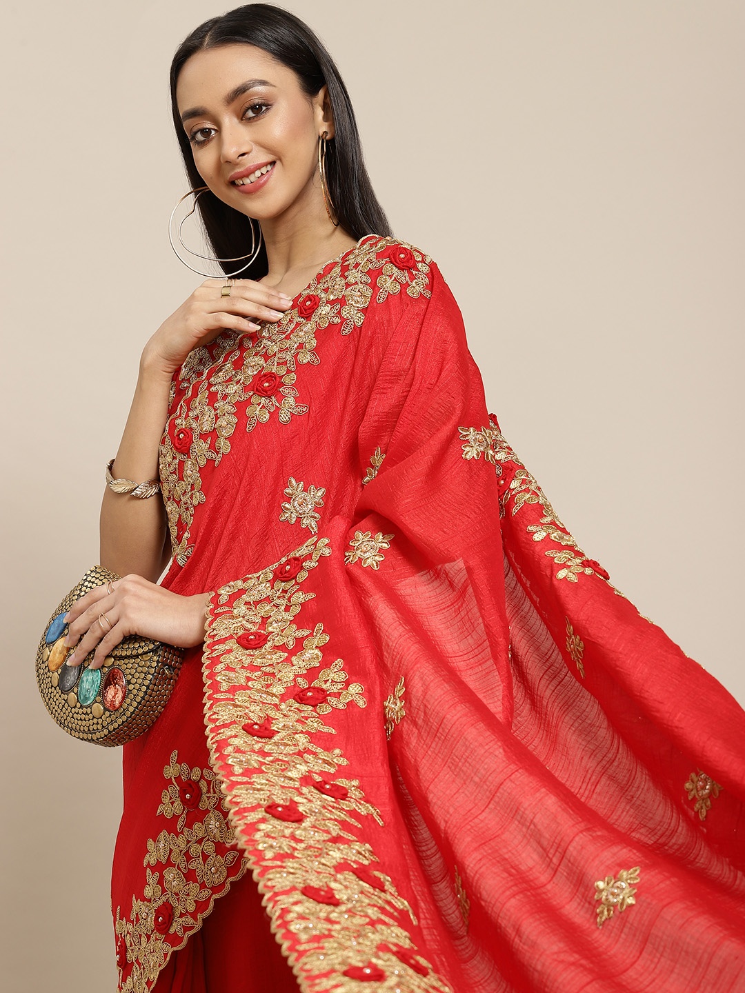 

Mitera Red Floral Beads and Stones Heavy Work Maheshwari Saree
