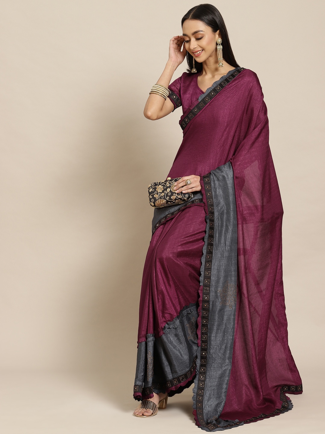 

Mitera Purple & Grey Beads and Stones Saree