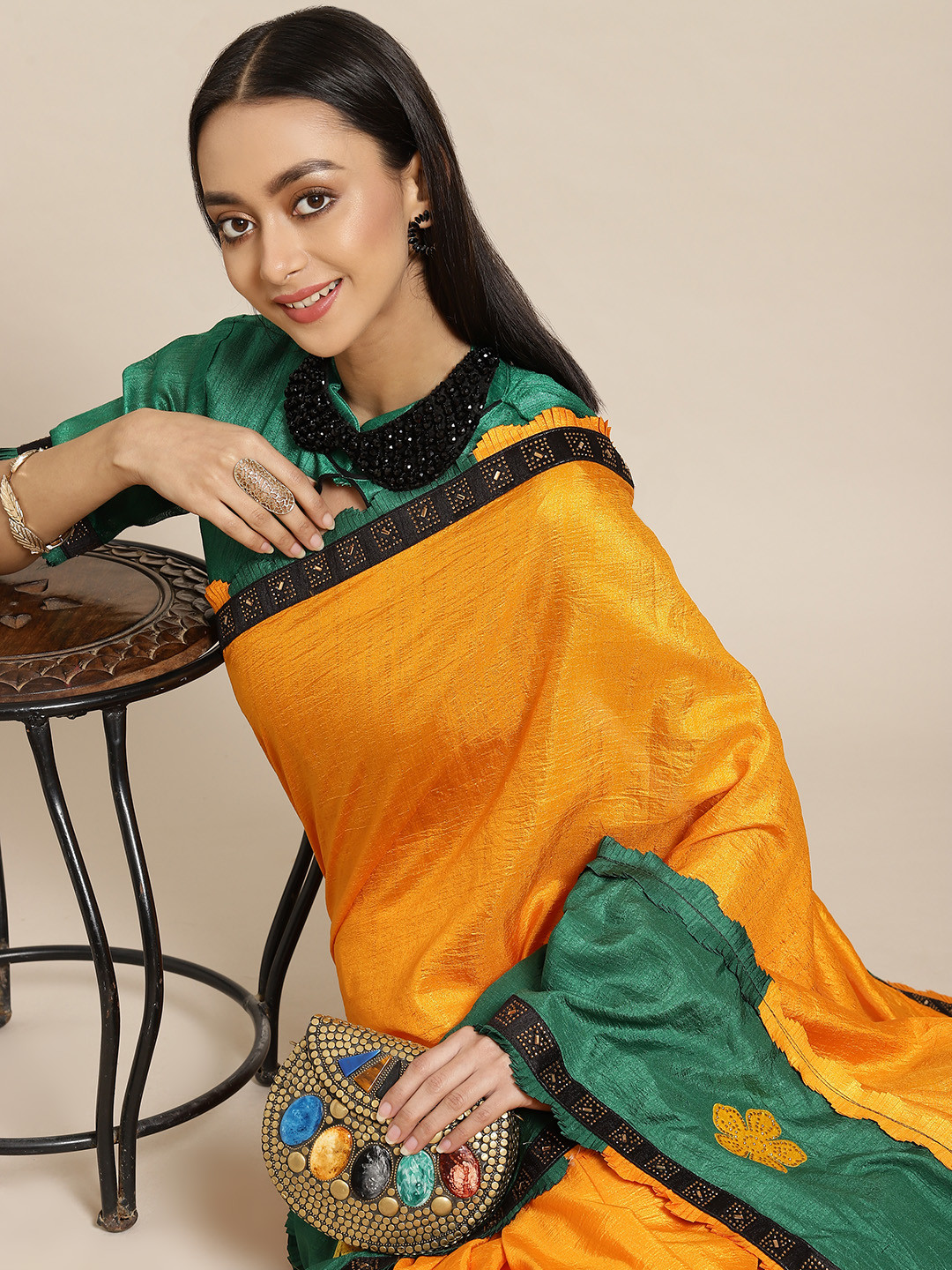 

Mitera Yellow & Green Beads and Stones Saree