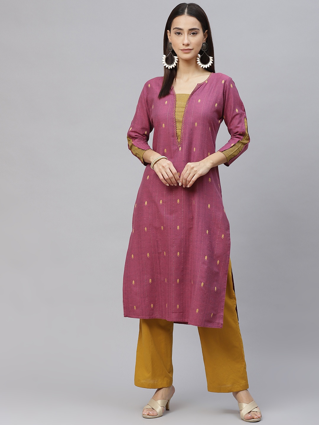 

Laado - Pamper Yourself Women Pink & Golden Pure Cotton Striped Handloom Kurta