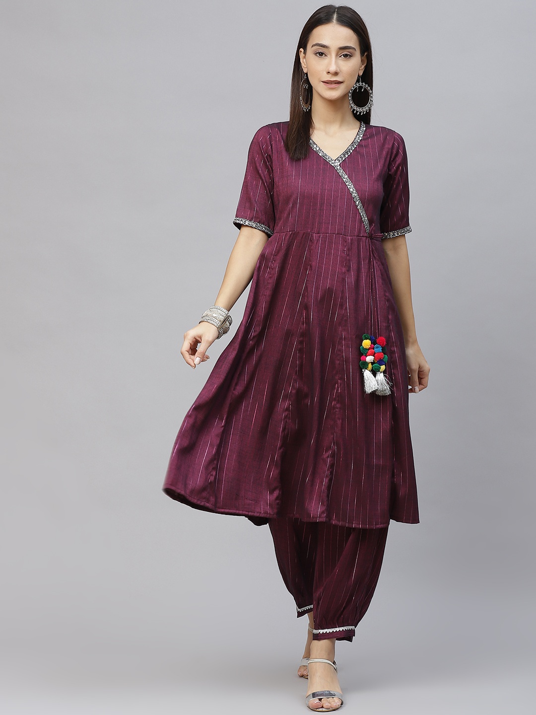 

Laado - Pamper Yourself Burgundy & Silver Striped Lurex Angrakha Kurta & Afgan Salwar