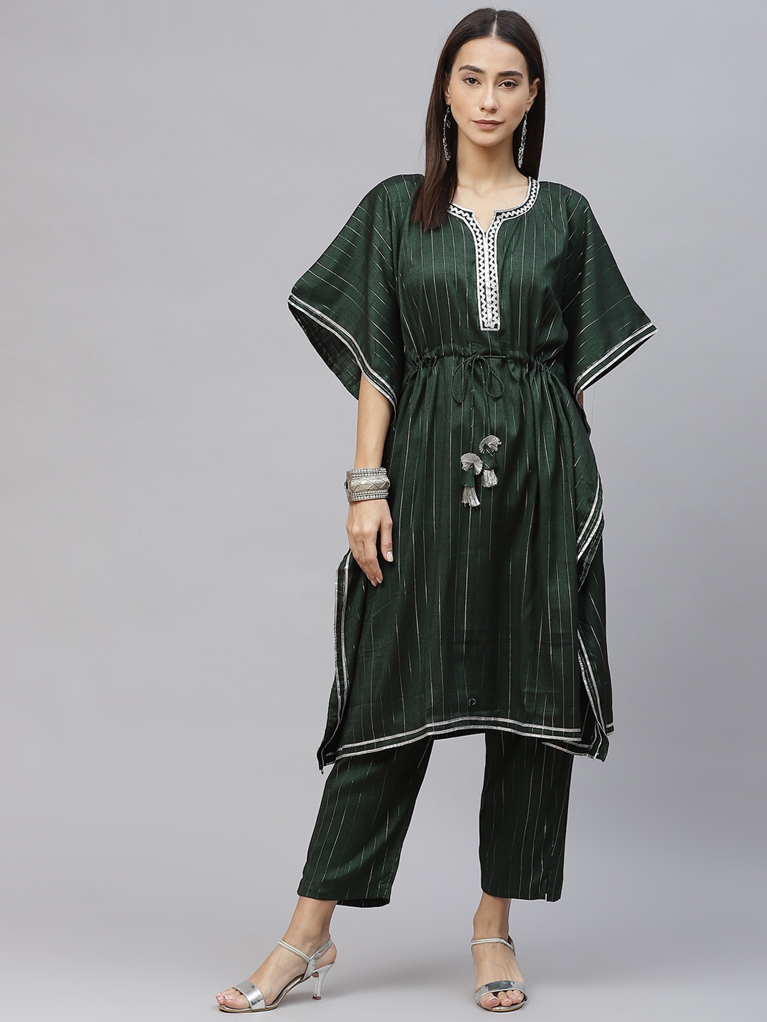 

Laado - Pamper Yourself Women Green & Silver Striped Lurex Pleated Kaftan Kurta & Palazzos