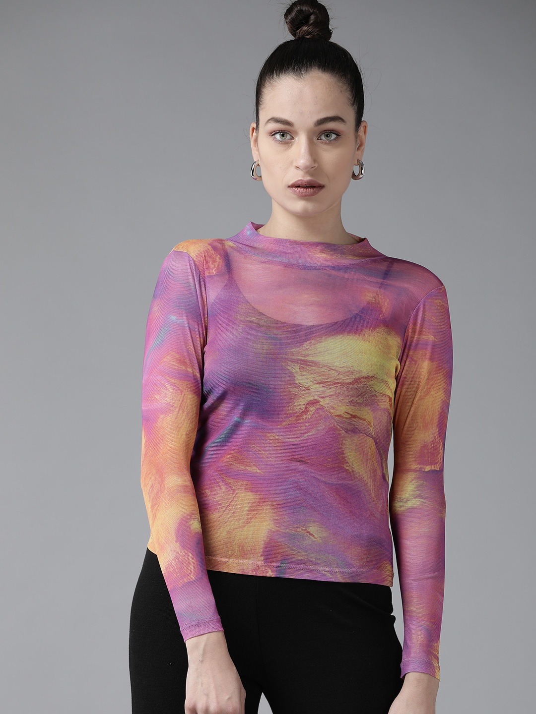 

KASSUALLY Women Purple & Yellow Tie and Dye Net Regular Top