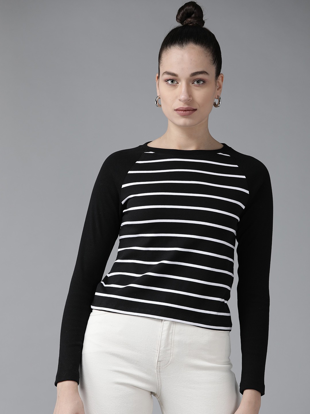 

KASSUALLY Women Black & White Round Neck Pure Cotton Regular Top