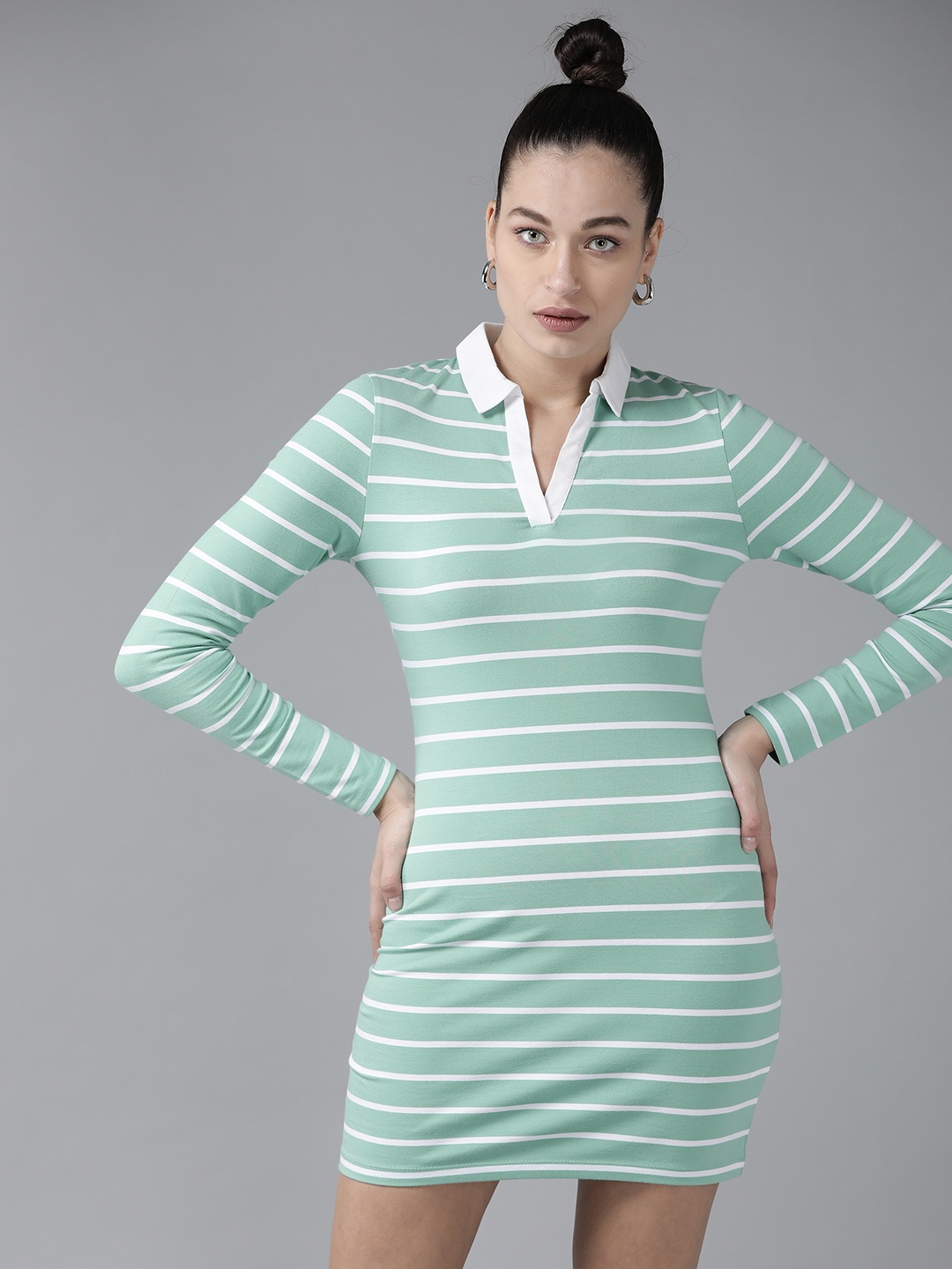 

KASSUALLY Sea Green & White Striped Shirt Collar Pure Cotton Bodycon Dress