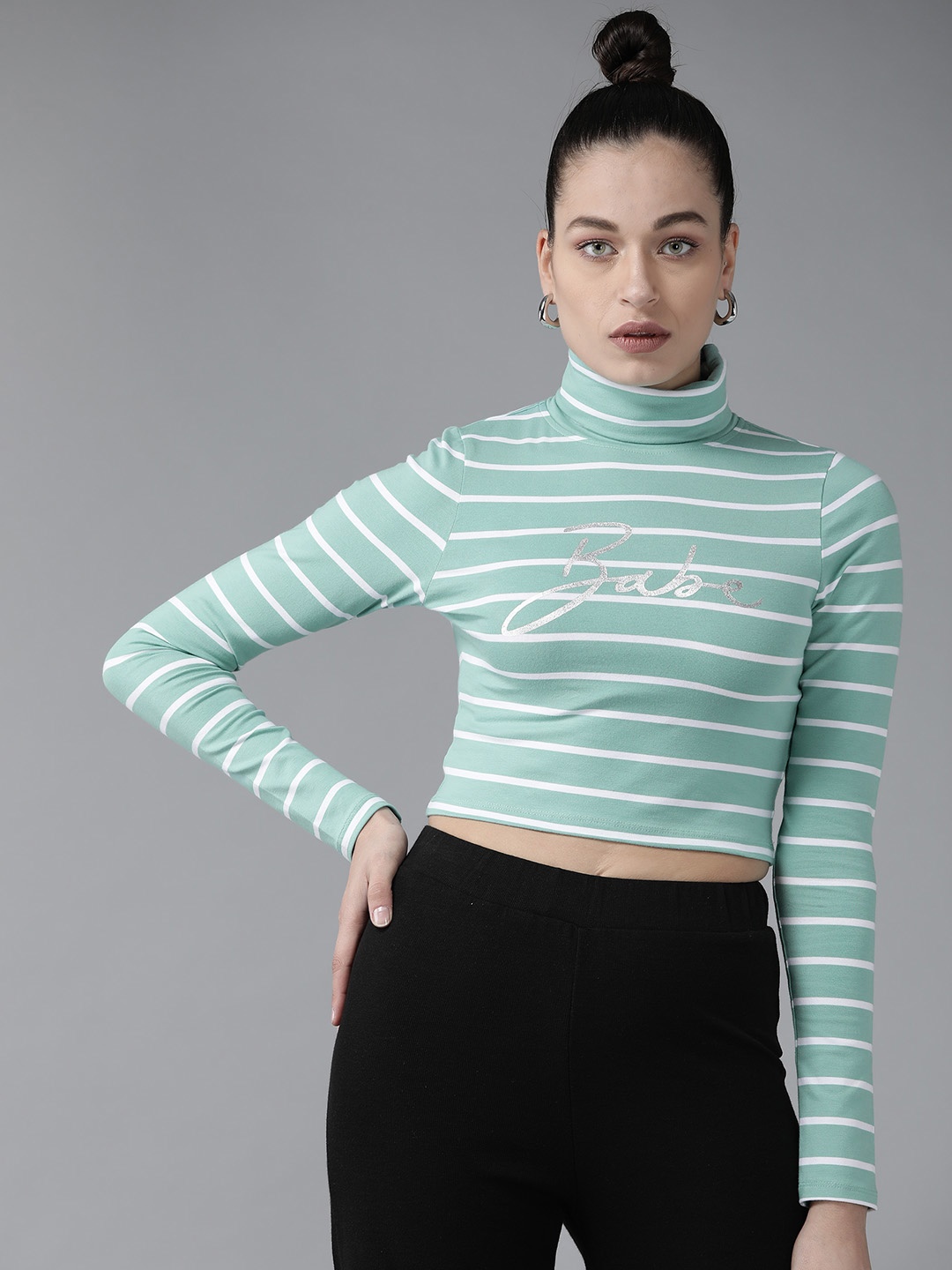 

KASSUALLY Women Sea Green & White High Neck Pure Cotton Regular Crop Top