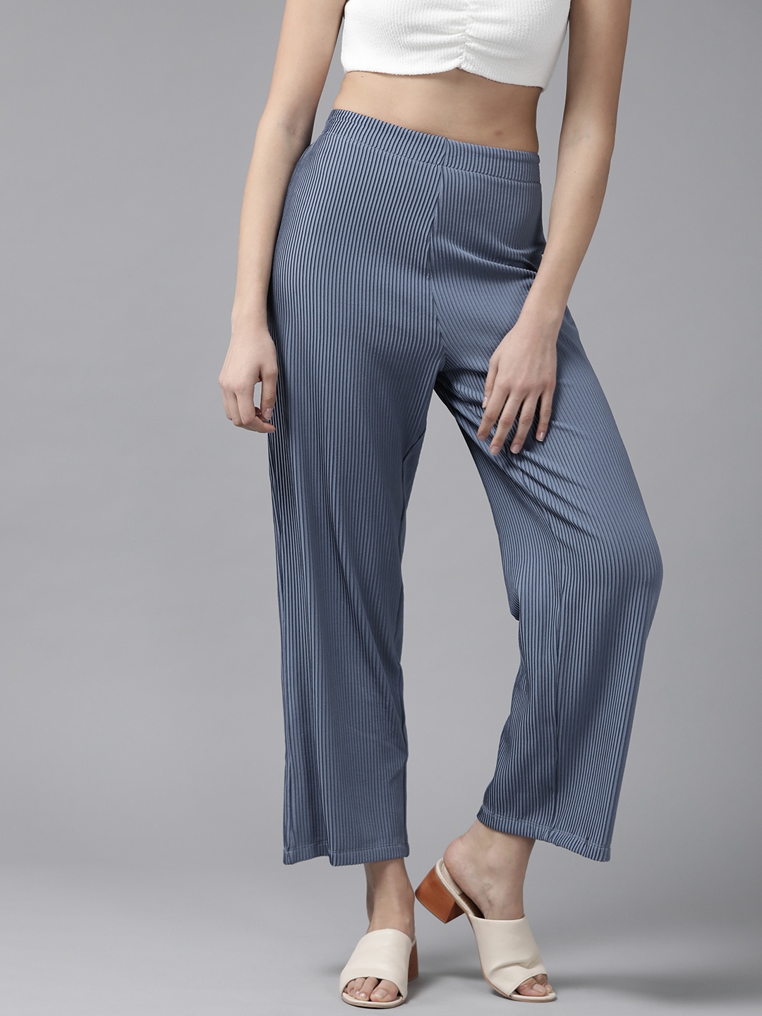 

KASSUALLY Women Blue Flared Mid-Rise Easy Wash Flat-Front Parallel Trousers