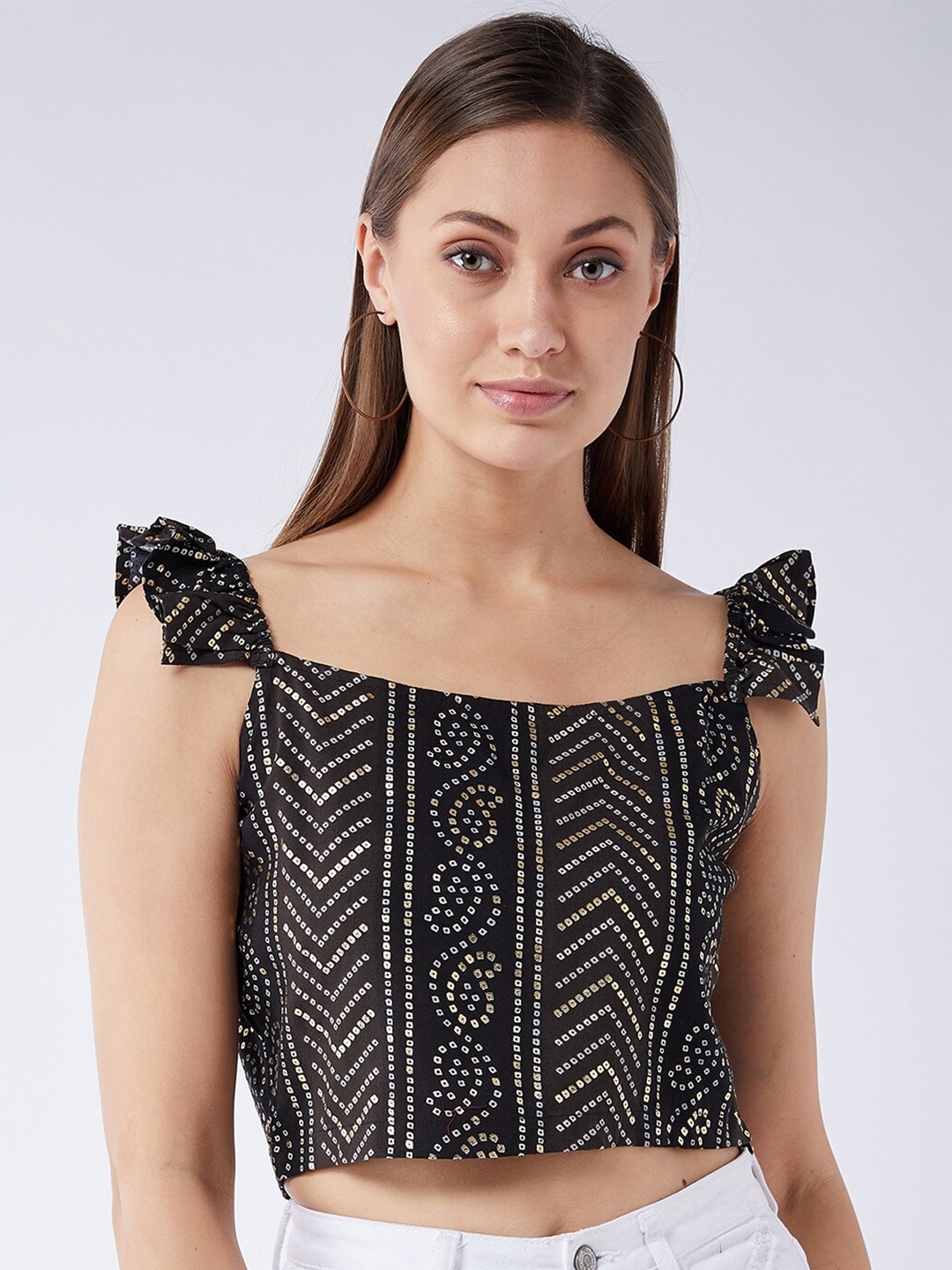 

InWeave Black & Gold-Toned Bandhani Printed Crop Top