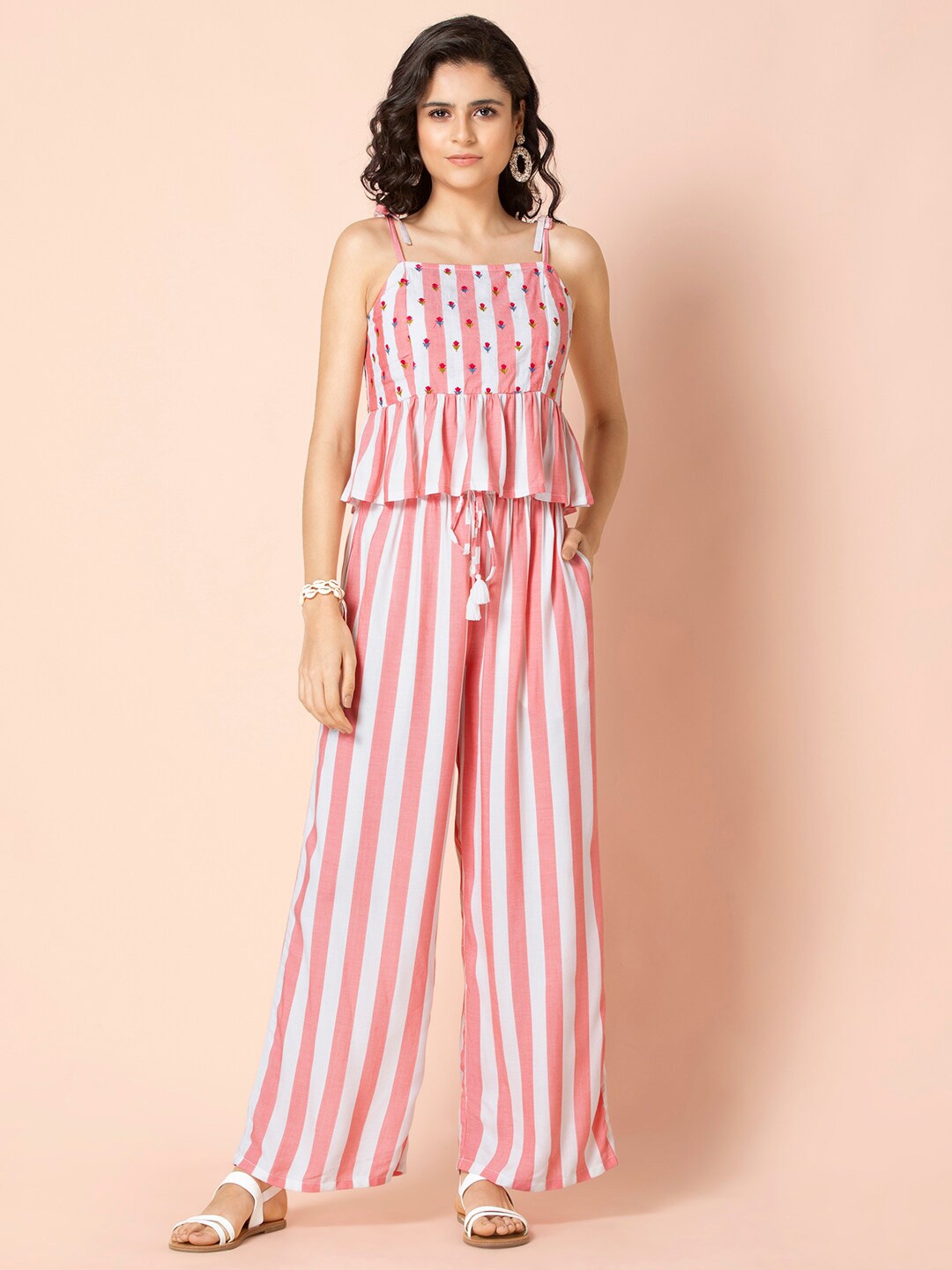 

Earthen BY INDYA Women Peach-Coloured & White Striped Strappy Top & Pants Set