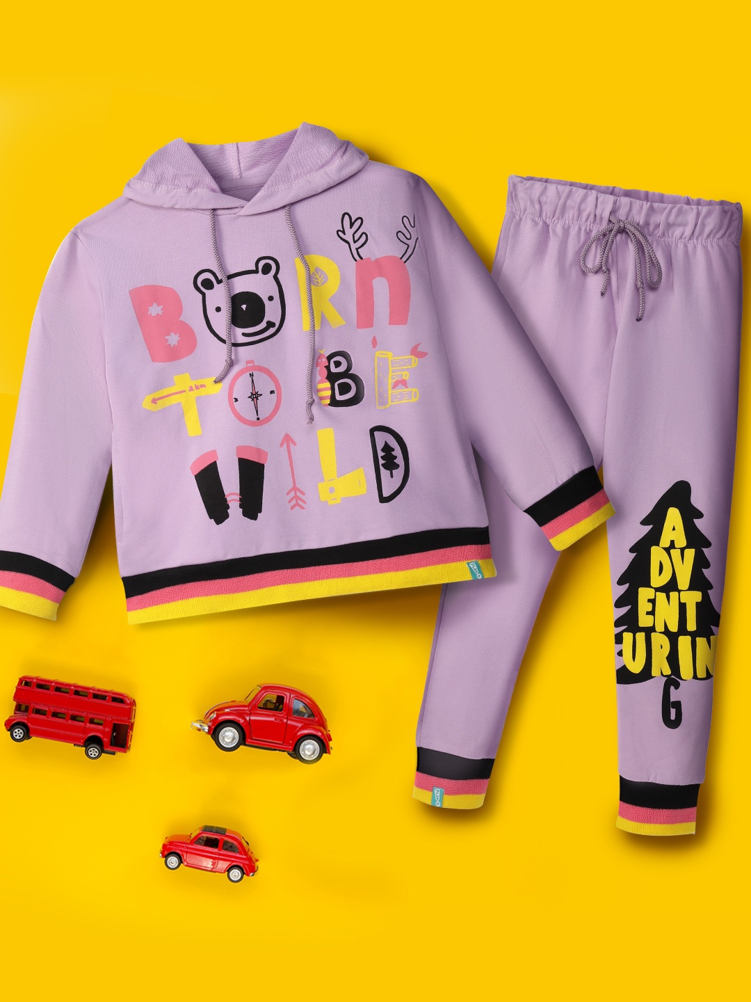 

You Got Plan B Kids Purple & Yellow Printed Pure-Cotton Track Suit