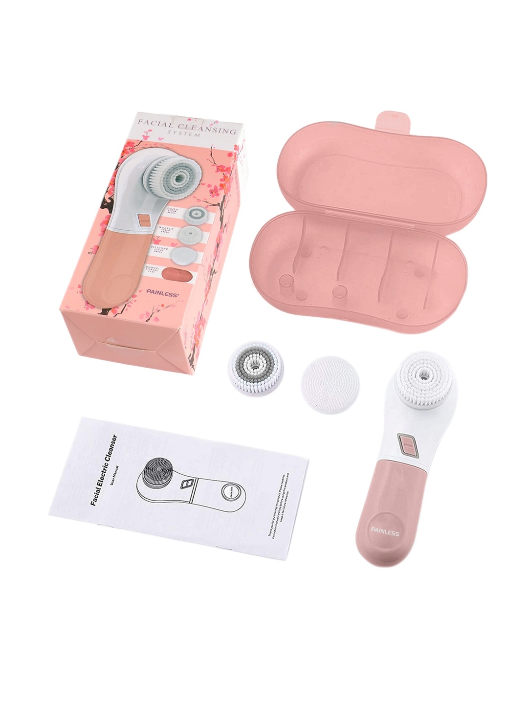

PAINLESS Pink Facial Cleansing Spin Brush Set with 4 Exfoliation Brush Heads