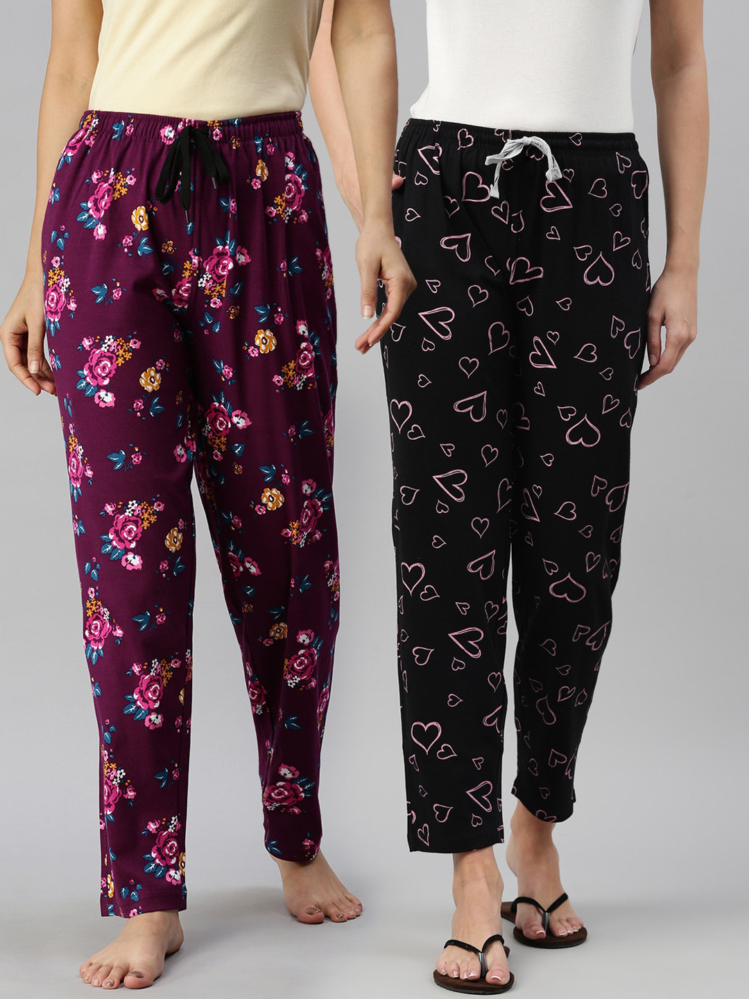 

Kryptic Women Pack Of 2 Printed Pure Cotton Lounge Pants, Maroon