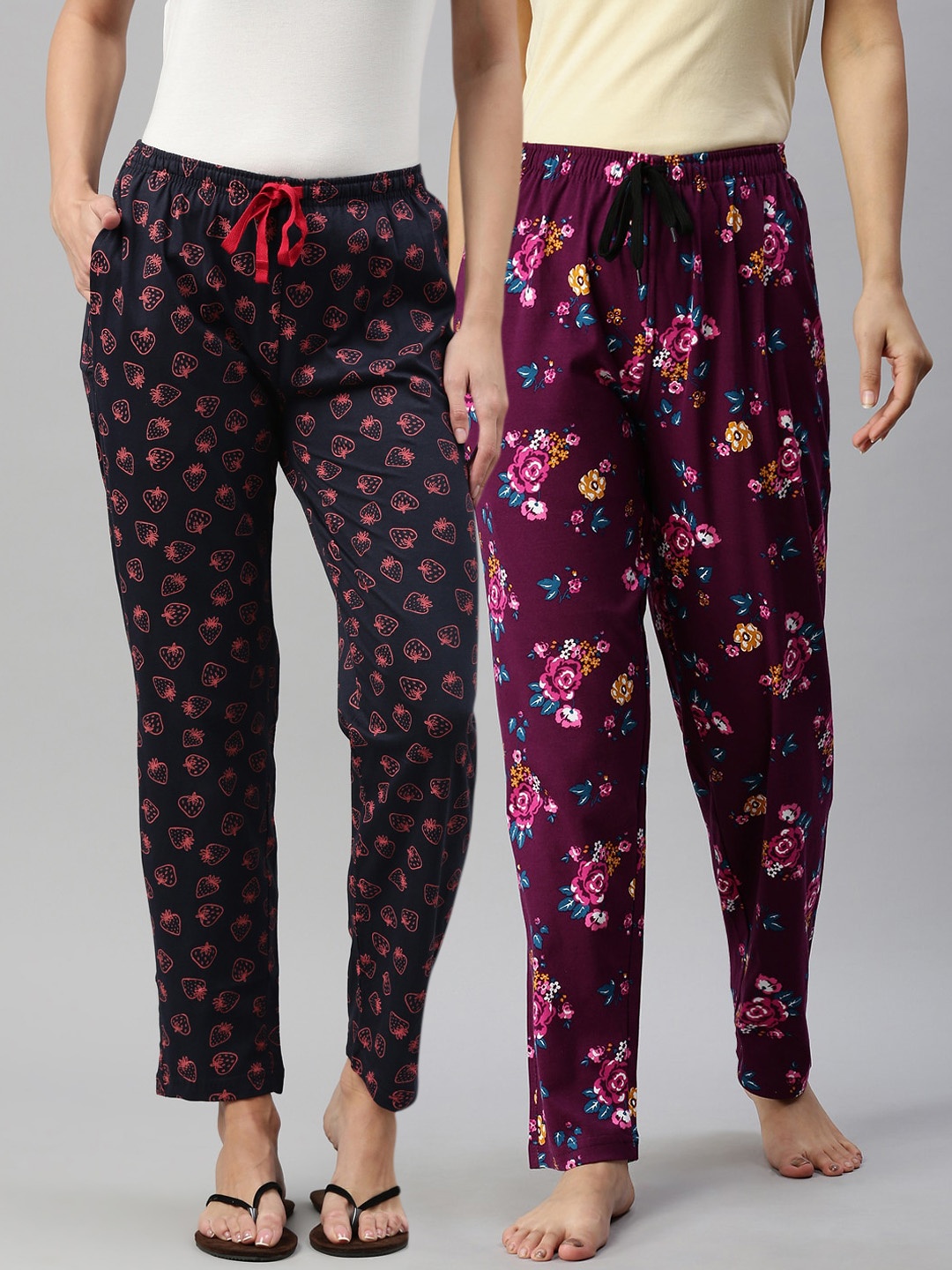 

Kryptic Women Pack Of 2 Printed Pure Cotton Lounge Pants, Maroon