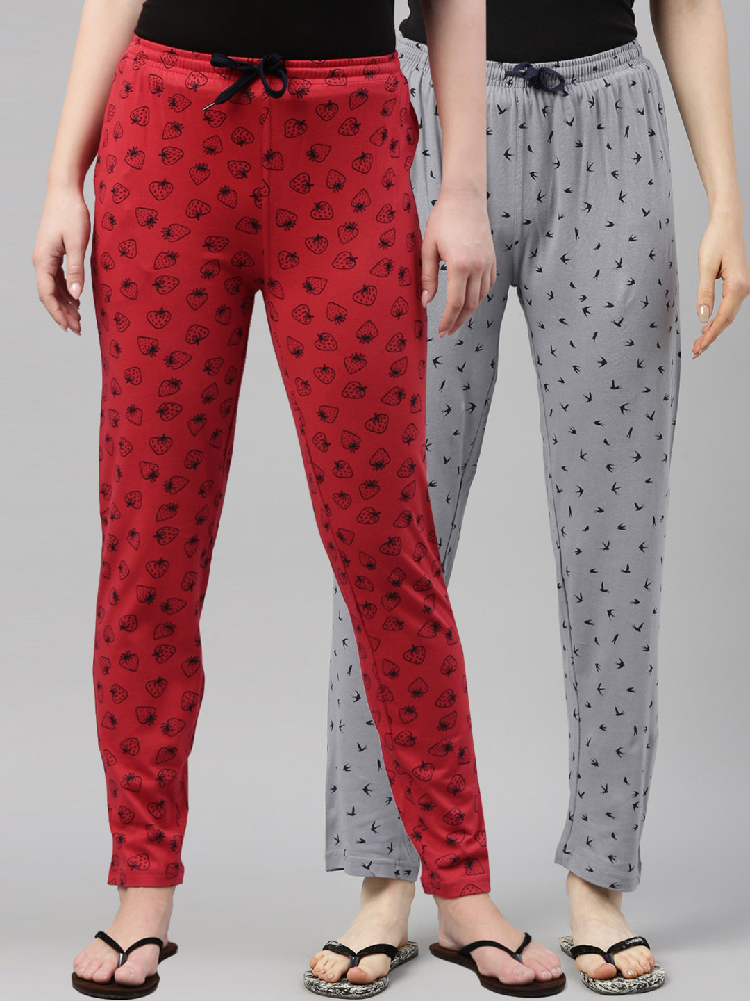 

Kryptic Women Pack Of 2 Printed Pure Cotton Lounge Pants, Grey