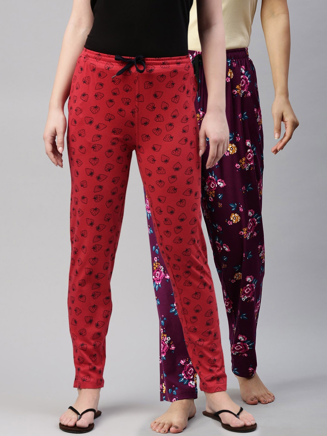 

Kryptic Women Pack Of 2 Printed Pure Cotton Lounge Pants, Maroon